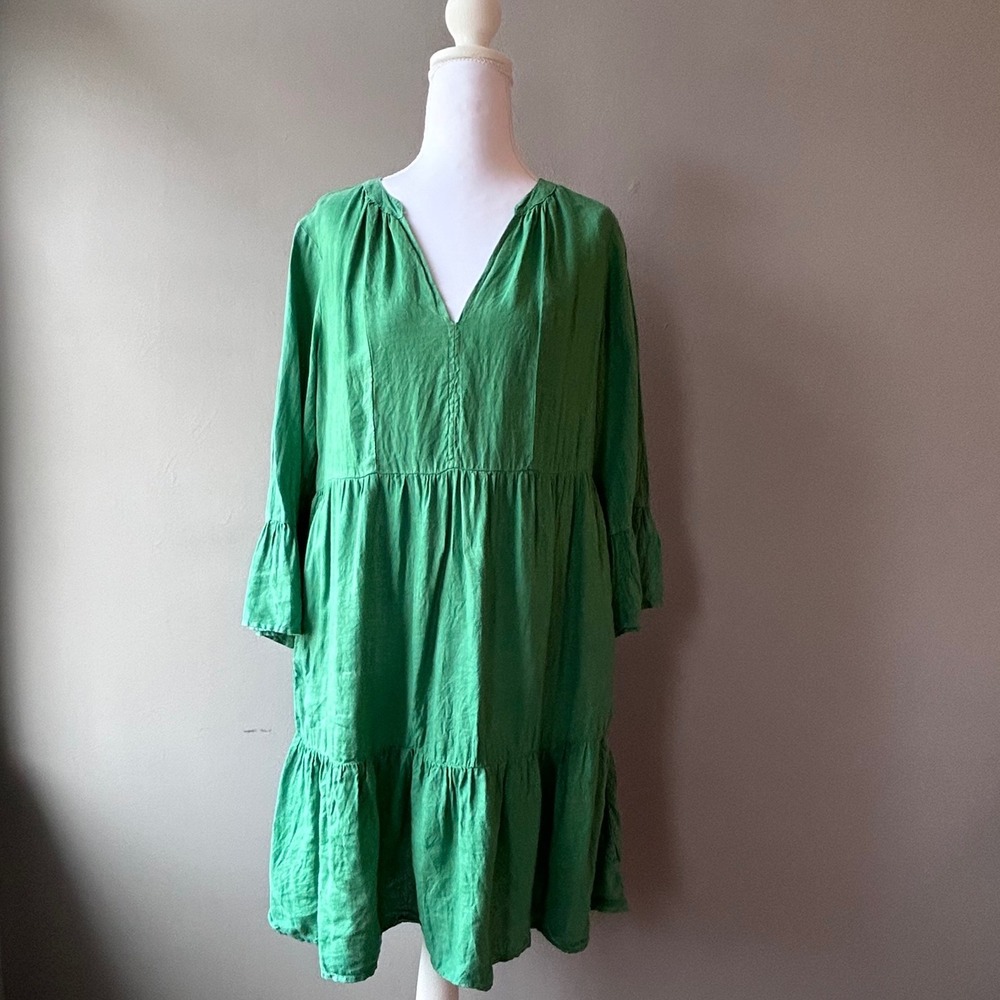 Velvet by Graham & Spencer Green Linen Tiered Mini Dress V-Neck Bell Sleeve XS